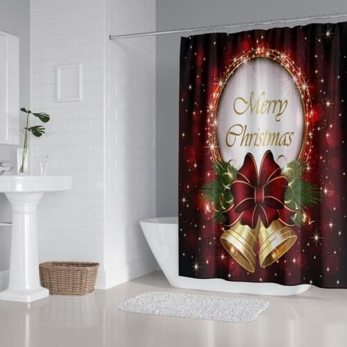 Christmas Shower Curtain Bathroom Anti-Slip Carpet Rug Toilet Seat Cover Letters Print Set