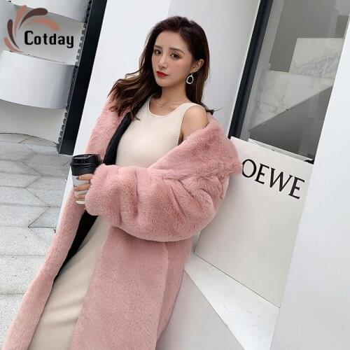 Cotday Pink Loose Big Yards Long With Hooded Elegant Imitated Mink Fur Thick Artificial Wool Cloth With Soft Nap Women Fur Coat
