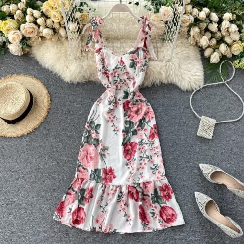 Chiffon Floral Print Beach Dress 2021 Summer New Women Fashion V-neck Halter Strap High Waist Thin Sleeveless Mermaid Dress