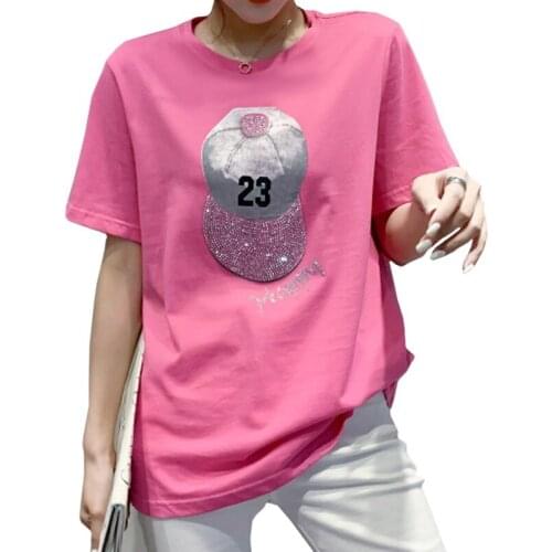 Pure Cotton Slim Summer Women T Shirt Hot Drilling Harajuku Letter Baseball Cap Short Sleeve Tees Rose Red Tops O-Neck Female