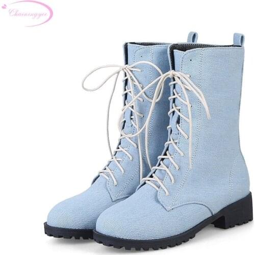 Chainingyee street style comfortable round toe mid-calf boots fashion lace-up platform thick med heels womens motorcycle boots