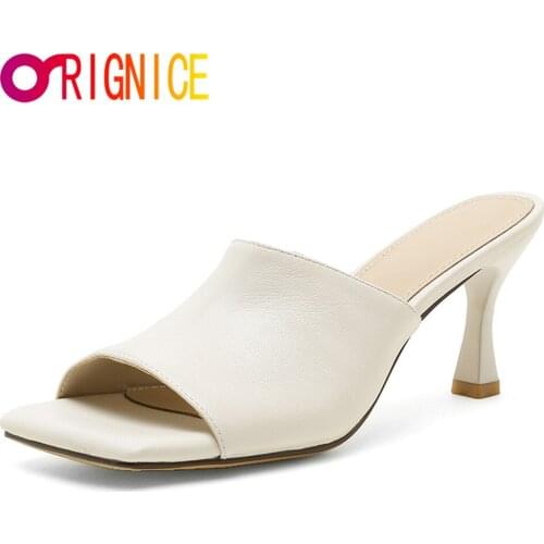 Orignice Elegant Women Outdoor Slippers Summer New Fashion Thin High Heels Open Toe Sandals Soft Sheepskin Party Dress Shoes