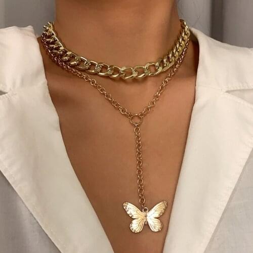2 Pcs/Set Women Fashion Gold Color Butterfly Pendant Necklace for Women Trendy Choker Necklace Party Jewelry Gifts