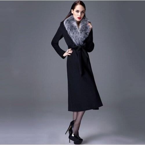 Real Fox Fur Collar Cashmere Coat Winter Thick Women Elegant Slim Plus Size Coat High Quality Wool Blends Coat D190825