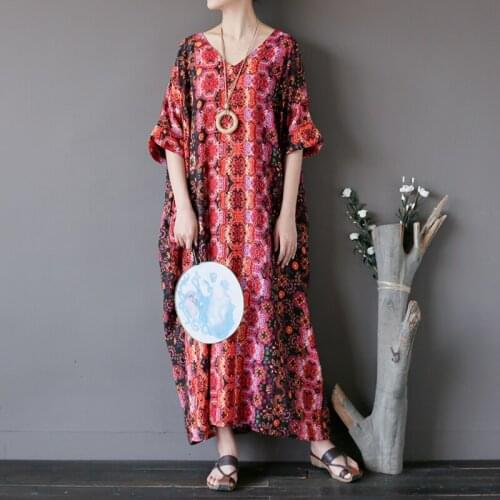 Women Casual Summer Vintage Cotton Loose Half Sleeve Dress Ladies Robe Dress Printed Floral V neck Retro Plus Size Dress Female