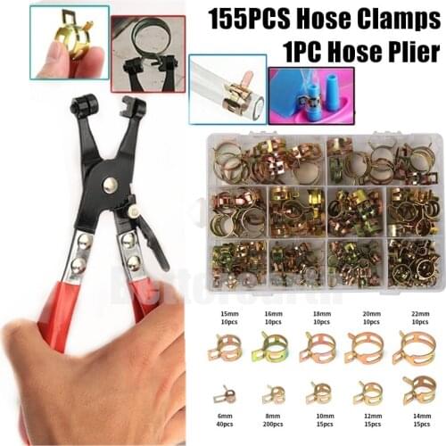 155 PCS Zinc Plated 6-22mm Spring Hose Clamps + 1PC Straight Throat Tube Clamp for Band Clamp Metal Fastener Assortment Kit