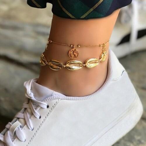 2 Pcs/set Women Fashion Stars Moon World Map Shell Leather Braided Anklet Beach Charm Jewelry Accessories