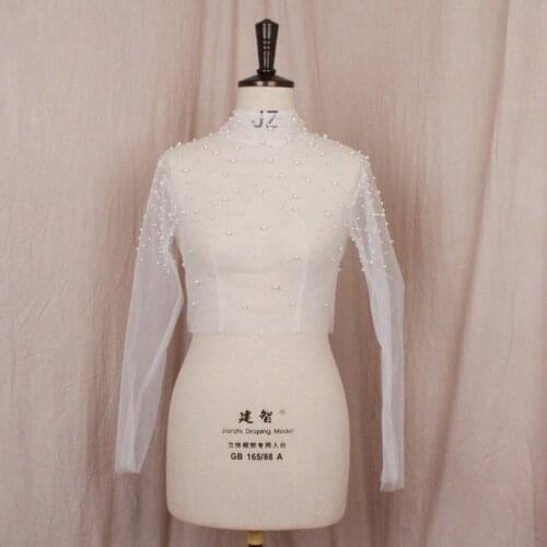 2021 Long Sleeve Handmade Pearls Wedding Wrap Tulle Prom Party Shawl Bolero Bridal Cape Elegant Wedding jacket