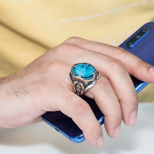 Aqua Quartz Cubic Zirconia Sword Motif Silver Men 'S Ring