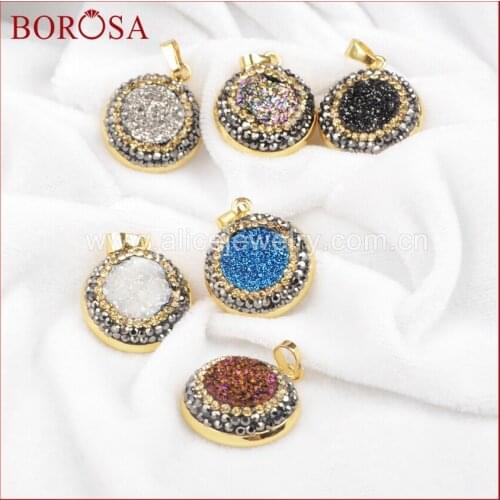 BOROSA 5pcs Free Shipping Gold Color Bezel Round Natural Crystal Druzy Titanium Drzuy Pendant Bead Paved Zircons JAB221
