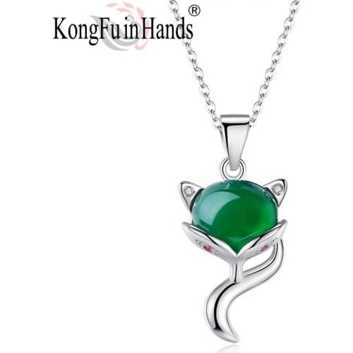 925 Sterling Silver Natural Green Chalcedony Fox Pendant Link Chain Necklace For Women Animal Shape Birthday Gift For Girlfriend