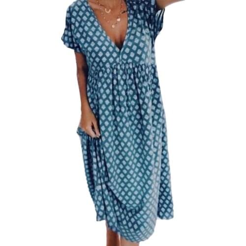 Women Boho Short Sleeve Deep V Neck Geometric Print Large Hem Loose Midi Dress V Neck Geometric Print Large Hem Loose Midi Dress