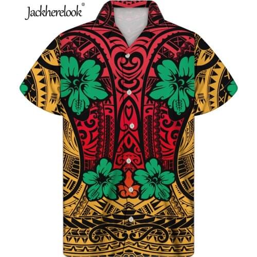 Jackherelook Vintage Samoa Tribal Hibiscus Floral Short Sleeve Hawaiian Shirts Chemise Polynesian Tattoo Style Beach Men Tops