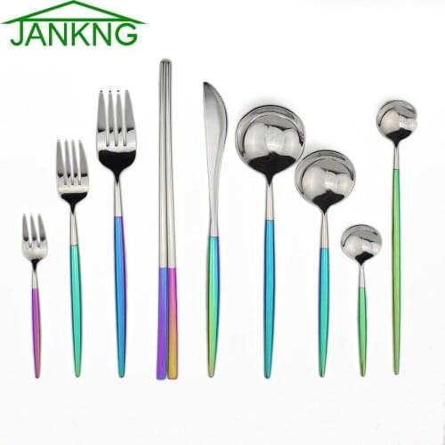 JANKNG 1-Piec 18/10 Stainless Steel Dinnerware Luxury Blazing Colorful Knife Silverware Set Rainbow Tableware Cutlery set