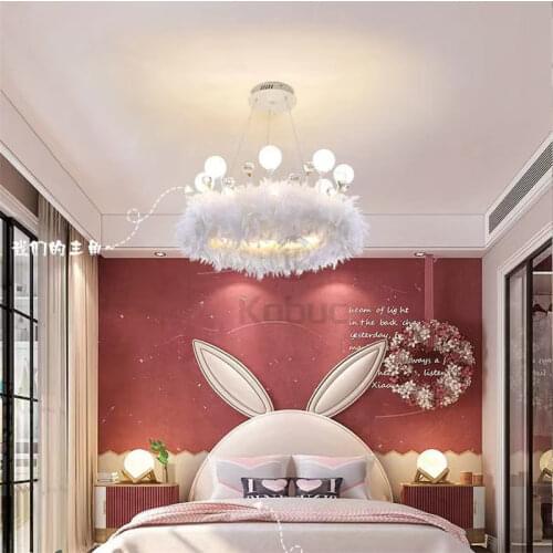 Kobuc Romantic Feather Pendant Light with Crystal Decoration Nordic INS Style Vedroom Princess Girls' Room Hanging Light Fixture