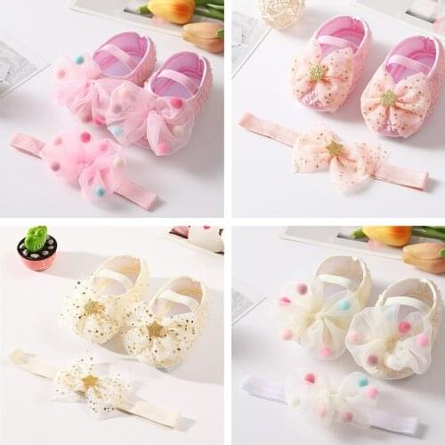 Baby Girls Cute Lace Flower Newborn Shoes + Headband Set Anti Slip Toddler Infant First Walkers Newborn Girls Pink Cotton Shoes