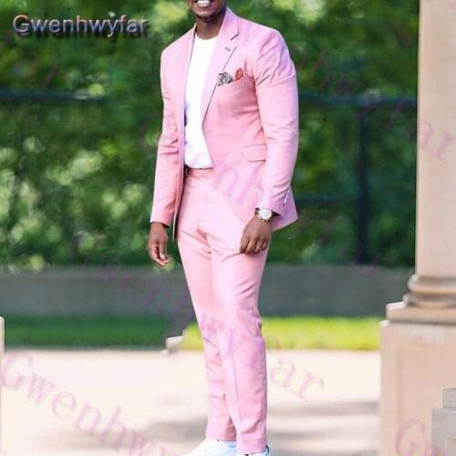 Gwenhwyfar Mens Pink Wedding Suit, Custom Made Notched Lapel Single Breasted Terno Masculino, Solid Slim Fit Groomsmen Tuxedos
