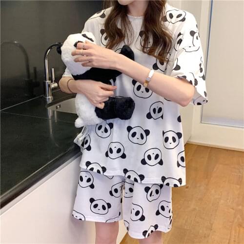 Cute Cartoon Print Summer Pajamas Set Women Girls Short Sleeve Loose Casual Sleepwear T-Shirts And Shorts Pjs Homewear Pajama
