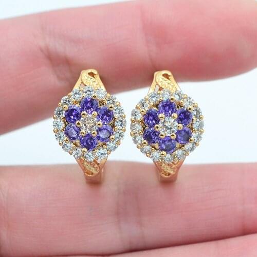 Gold Color Fashion Purple CZ Flower Huggie Hoop Earrings for Women