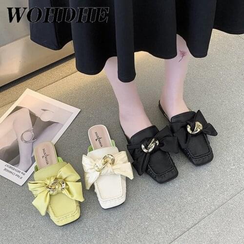 Women Bow Flats Slippers Bowknot Mules Slip On Fashion Outside Shallow Beach Slides Fashion Hollow Light Slip On Shoes 2021 New