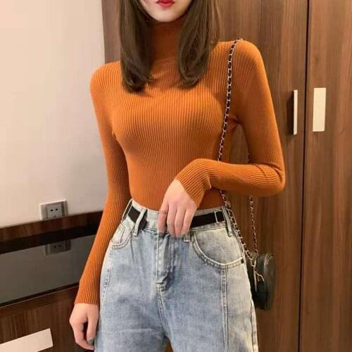 New Korean Style Spring Autum Skinny Sweater Women Fashion Temperament Turtleneck Pullovers All-Match Tops Female Warm Knitwear