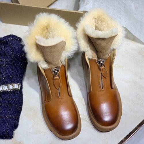 Mix Color Solid Winter Boots Genuine Leather Zipper Snow Boots Warm Wool Black Patchwork Women Shoes