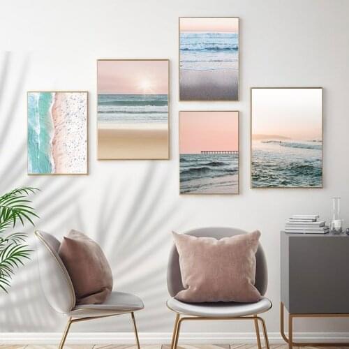 Blush Pink Beach Wall Art Prints Coastal Poster Modern Peach Color Ocean Canvas Painting Wall Pictures Rustic Living Room Decor