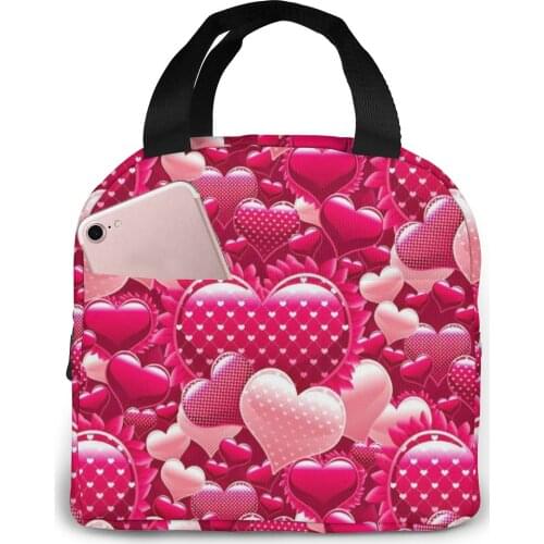 Pink Hearts Lunch Bag Waterproof Food Picnic Lunch Box Bag Insulated Women Cooler Bags Fresh Bento Food Pouch