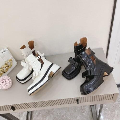 2021 New Spring Autumn Ankle Boots Woman Square Toe Women Boots Buckle Strap Fashion Women Shoes Butterfly-Knot Genuine Leather