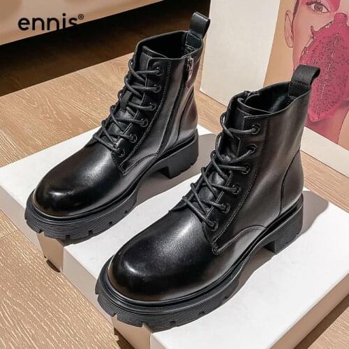 ENNIS Womens Autumn Shoes Genuine Leather Martin Boots Black Beige Female Lace Up Boots Round Toe Platform Ankle Boots Zip 2021