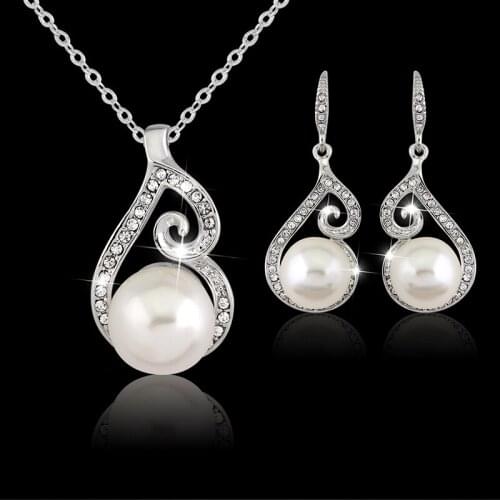 Elegant Fascinating Rhinestones Simulated Pearl Water Drop Necklace Earring Set for Women 2-Piece Jewelry Set