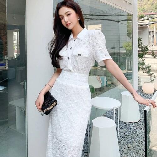 Vintage Short Sleeve Top Sexy Women OL Hollow Embroidery High Waist Midi Skirt Lace Pocket Buttons Shirt Blouse 2 Pieces Set