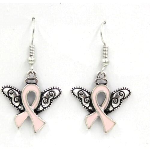10PRS New Arrival Breast Cancer Awareness Jewelry Breast Cancer Pink Ribbon Angel Wings Earrings Bijoux Brinco boucles d'oreille