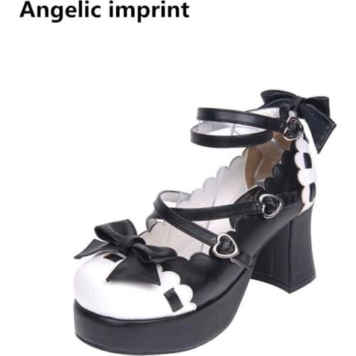 Angelic imprint woman mori girl lolita cosplay shoes lady high heels pumps women princess dress party shoes bowties 33-47 7.5cm