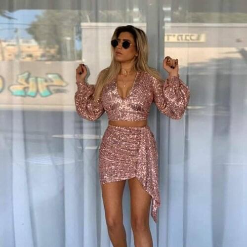 Sparkling Sequined Two Pieces Cocktail Dresses V Neck Long Sleeves Club Wear Party Gowns Short/Mini Prom Gowns