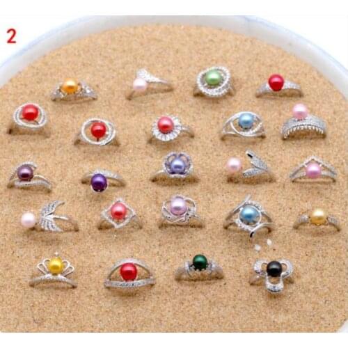 Cheap and beautiful Sliver Plated Ring or Mounts with colorful 6-8mm pearl DIY jewelry adjustable ring random mixed 10/30/50pcs