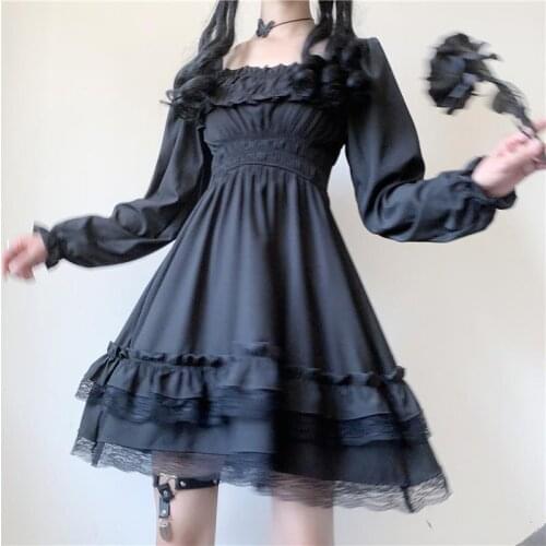 Sweet Girl Japanese Cute Gothic Dark Angel Lolita Dress Vintage Square Collar Lace Stitching Puff Sleeve Sexy Goth Woman Dress