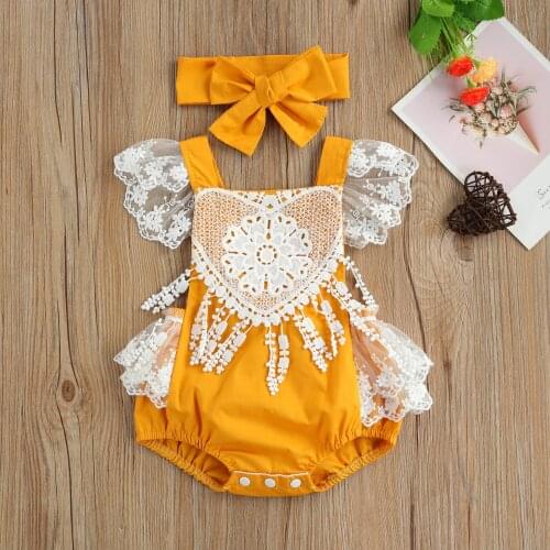 Lovely Baby Girls Lace Rompers Flowers Printed Ruffles Fly Sleeve Backless Jumpsuits Headband 0-18M