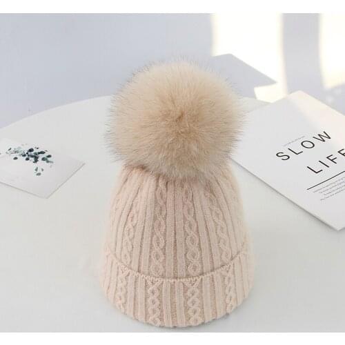 Fashion Warm Knitted Womens Hat Striped Winter Hats For Women Real Fox Fur Pompom Wool Beanies Thick Skullies Cap