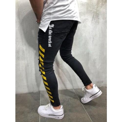 Europe and the United States mens jeans new hole slim print pants cross border for Europe station mens Leggings
