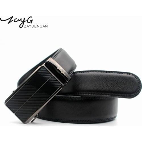 ZAYG Men Business Style Black Classic Steel buckle unique Sliding ratchet Belt Quality alloy Automatic Buckle Men Casual Belt