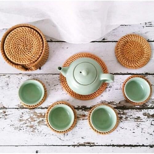MLGB Set of 6 Rattan Weave Cup Mat Handmade Rattan Coasters for Drinks Home Decoration Holder for Kitchen Table Drinks