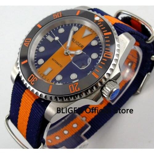 Fashion 40MM BLIGER Orange Blue Dial Ceramic Bezel Wrist Watches Sapphire Crystal MIYOTA Automatic Movement Mens Watch B124