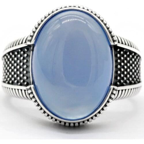 2020 New Real 925 Sterling Silver Mens Ring with Big Natural Blue Agate Stone Vintage Simple Male Rings Turkish Jewelry Gift