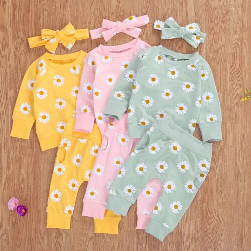 New 0-18M Baby Girls Long Sleeve Pocket Outfits Girl Flower Print T Shirts +Newborn Pants+Infant Headband Spring Autumn 3Pcs Set