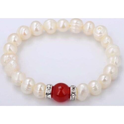 NEW Pretty 8-9mm Natural White Freshwater Pearl & Red steon Bracelet