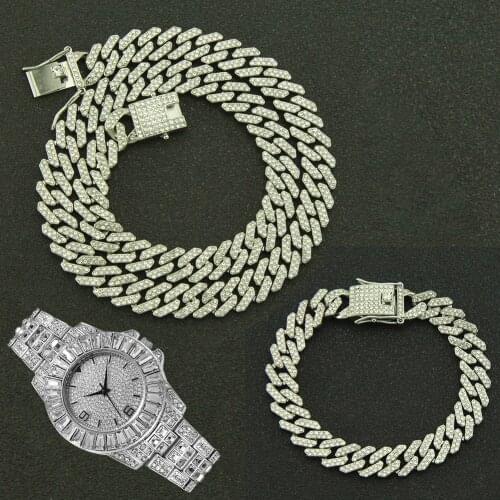 3pcs Kit 12MM Prong Necklace Baguette Bracelet Hip Hop Iced Out Cuban CZ Paved Necklace+Watch+Bracelet For Men Women Jewelry