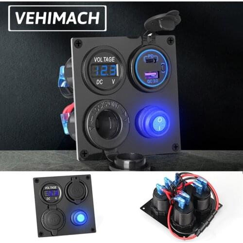 PD+QC3.0 USB Quick Charge Car Charger LED Voltmeter Cigarette Lighter Socket ON/OFF Switch 4 in 1 Charging Panel Power Adapter