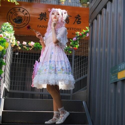 Pink sweet lolita dress vintage lace bowknot cute printing palace princess victorian dress kawaii girl gothic lolita jsk loli