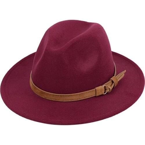 13 Colors Unisex Wide Brim Fedora Hat Woolen Vintage Solid Color Panama Jazz Cap with Leather Belt Women Men Classic Cowboy Hat